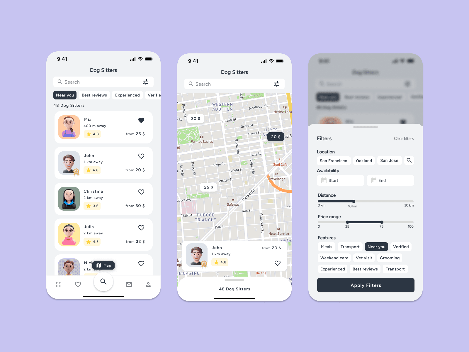 Dog Sitter App — sitter search and browse screens